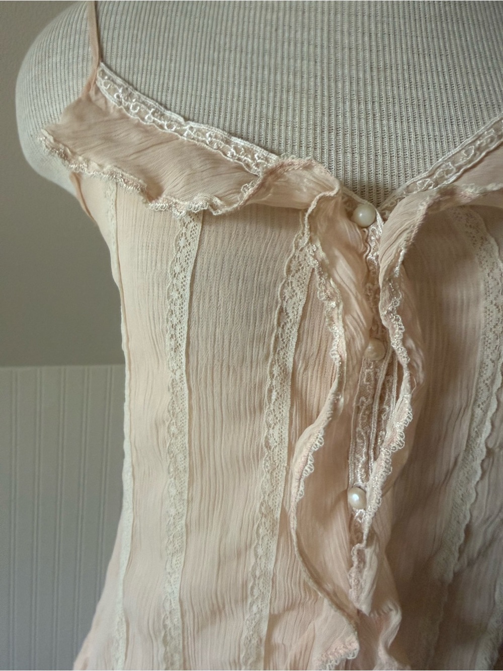 Delicate Romantic Lace Trim Peach Cami Shirt Blouse Dolled Up by FANG S cottage